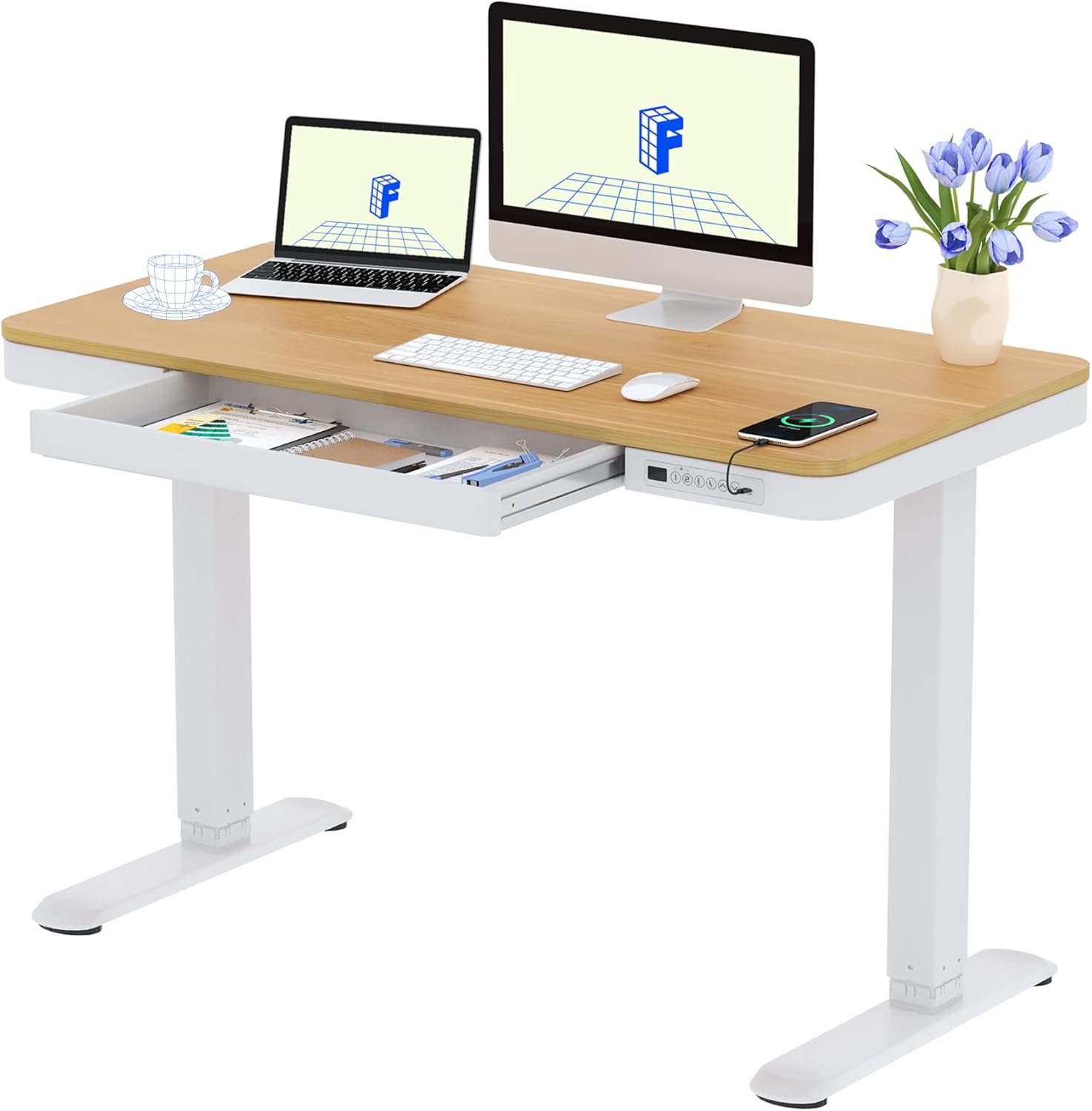 A sleek office setup with a vibrant widescreen monitor displaying colorful artwork.